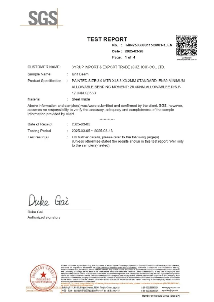 SGS test report for scaffolding base jack and unit beam compliance